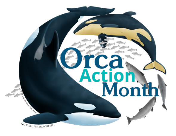 Orca Action Month logo with fish, dolphins, and orca swimming in a circle.